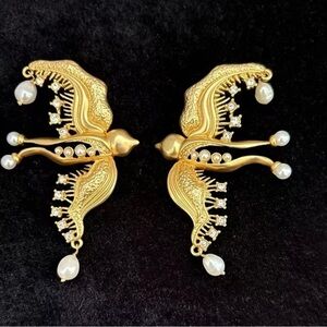 Ornate Gold and Pearl Drop Earrings in a Bird Motif